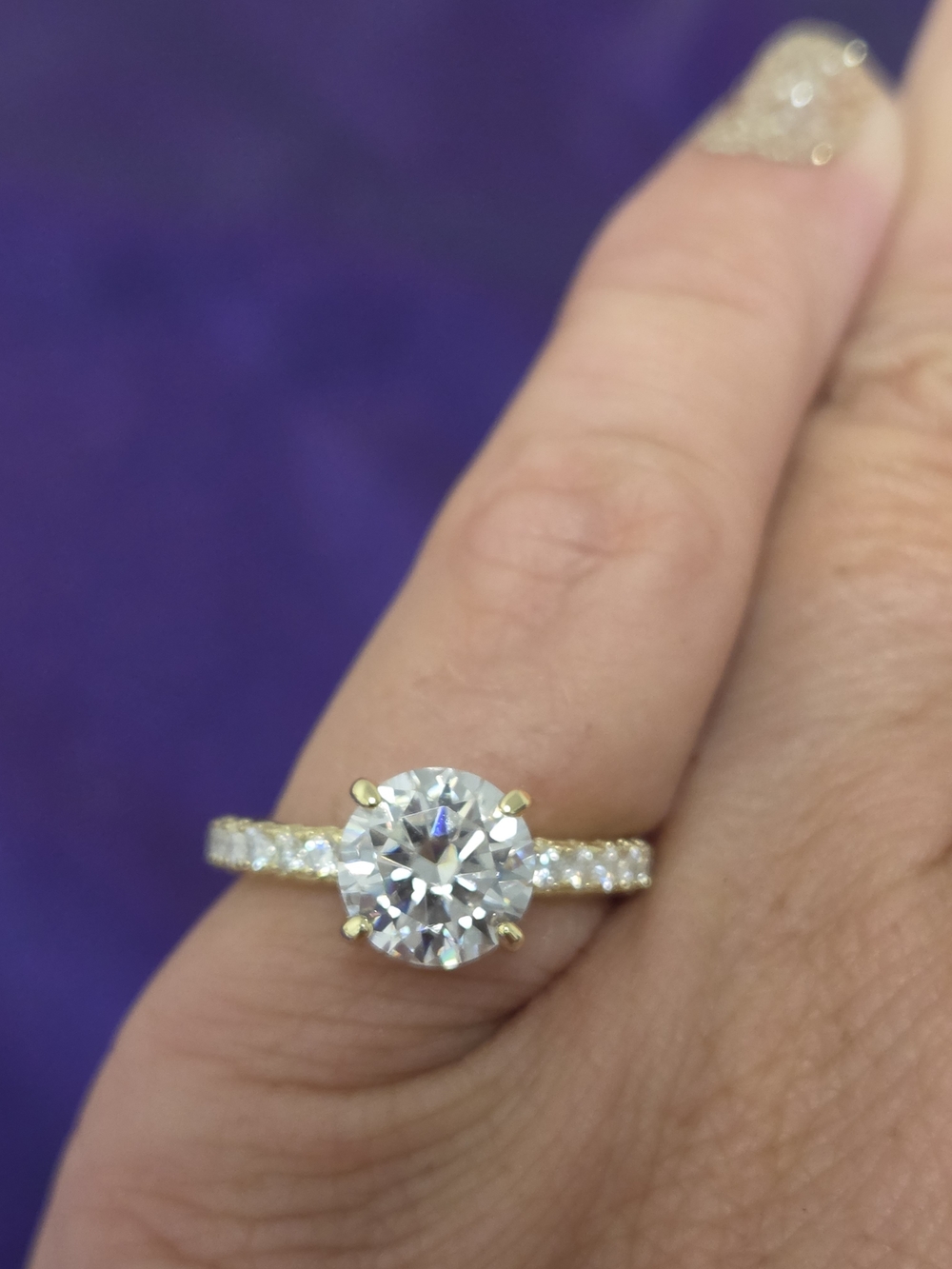 925 Sterling Silver Gold Vermeil Solitaire  Ring with Round Moissanite Stone